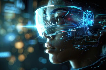 Futuristic visor displays data and graphics overlaying a woman's face in a tech-driven scene. - obrazy, fototapety, plakaty