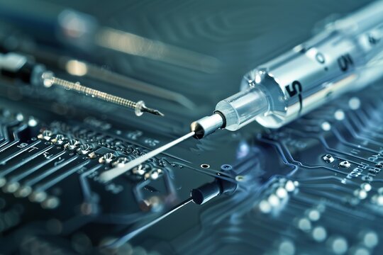 Syringe injecting liquid onto a circuit board, concept of technology and precision.