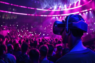 Man with VR headset at a vibrant concert with crowd and lights.