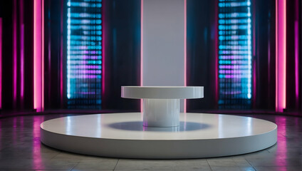 Sleek White Podium with a blurred or bokeh background of Neon Backdrop