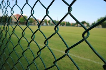 Fototapeta premium Green soccer field inside the green fence with morning sunlight.