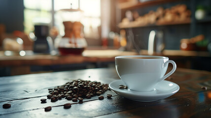 Brown roasted coffee beans beside a cup of steaming coffee for a morning caffeine boost - obrazy, fototapety, plakaty
