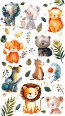 Sheet of Cartoon Animals in Watercolor Style on a White Background: Cute Animal Illustrations, Generative Ai