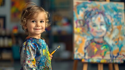 Preschooler Blonde Girl in Colorful Smock Wielding Brush with Joy and Abstract Canvas