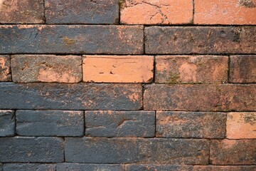 A close-up of a brick wall with red and grey and black bricks.