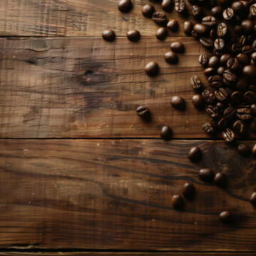 Brown roasted coffee beans scattered on a rustic wooden table surface