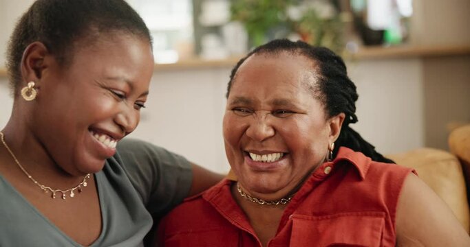 Home, hug and senior mother with daughter on sofa, relaxing and support in a living room. Black family, mama and girl on a couch, love and bonding together with embrace, apartment and happiness