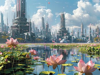 Cyberpunk of Serene lotus waterways