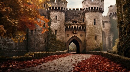 leaves autumn castle building illustration architecture history, stone tower, kingdom medieval leaves autumn castle building