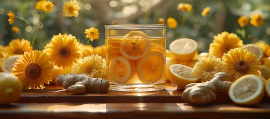 Fensteraufkleber Lemon and ginger tea, sunny, yellow flowers, refreshing. © Iona