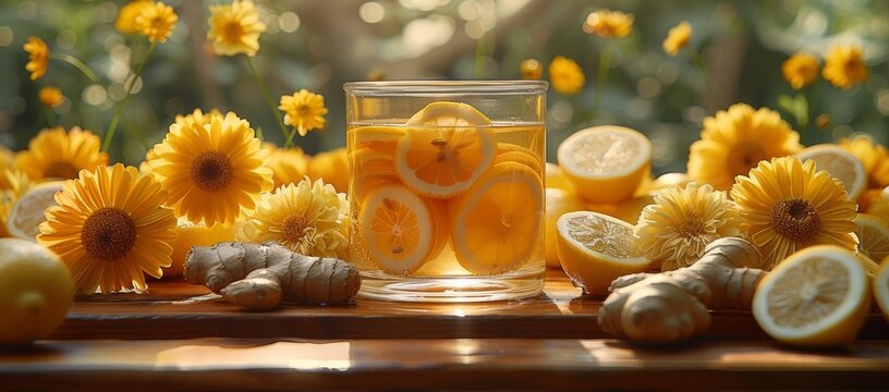 Lemon and ginger tea, sunny, yellow flowers, refreshing.