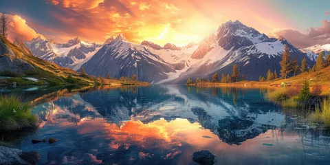 Foto op Aluminium Reflectie A majestic mountain landscape at sunset, snow-capped peaks, a crystal-clear lake reflecting the vibrant sky, serene nature. Resplendent.