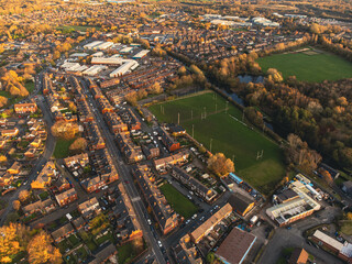 Houses on Darlington St East in Wigan UK on a beautiful sunny autumn day. England real estate.