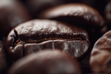 Close-up of shiny, roasted brown coffee beans