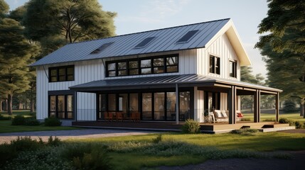 Naklejka premium architecture contemporary farmhouse building illustration interior exterior, country style, kitchen living architecture contemporary farmhouse building