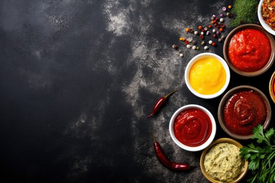 top view of condiments with copy space for text. Food background for stock photography. - generative ai