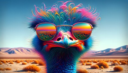 AI-generated image of a colorful ostrich wearing sunglasses - obrazy, fototapety, plakaty