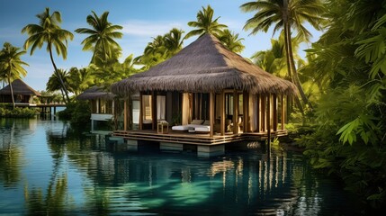 paradise water bungalow building illustration vacation relaxation, escape exotic, serene tranquil paradise water bungalow building