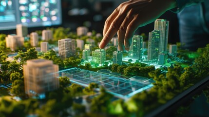 An urban planner interacts with a detailed city model, focusing on sustainable development and green spaces. AIG41 - Powered by Adobe