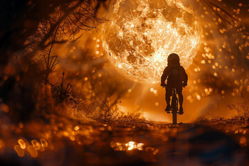 ET, Luminous Extra-Terrestrial, cycling with Elliott near full moon, photography, Golden hour, Depth of Field bokeh effect - obrazy, fototapety, plakaty