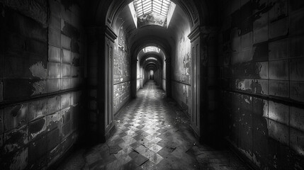 Echoing footsteps in a barren hallway, intensifying suspense and anticipation in a chilling ambiance Enhances realism and emotional depth Photography, Backlights, Chromatic Aberration