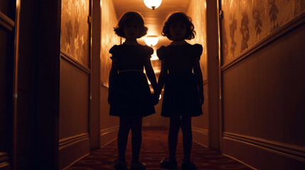 The Grady Twins, Haunting Siblings, ghostly hallway encounter in the Overlook Hotel, realistic, Silhouette lighting, Vignette