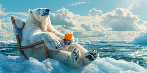 Anthropomorphic polar bear relaxes on iceberg in the middle of cold ocean with cocktail. Atmosphere of relaxation and chill relaxed mood. Travel and Vacation concept - obrazy, fototapety, plakaty