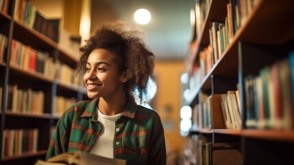 A happy African American girl, student choosing a book among the bookshelves in the university, College library. Knowledge, Reading, Homework, Literature, Science, School, Hobbies and Leisure concepts