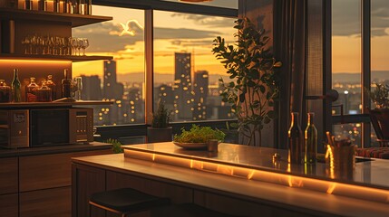 Modern kitchen with cityscape, polished surfaces reflect evening's amber radiance, city lights...