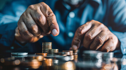 Elderly man counting coins to save money for retirement concept. - obrazy, fototapety, plakaty