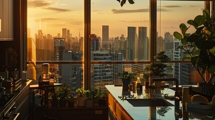 Fototapeta na wymiar Modern kitchen with cityscape, polished surfaces reflect evening's amber radiance, city lights shimmer, blending natural and urban elements, serene, warm ambience. generative AI