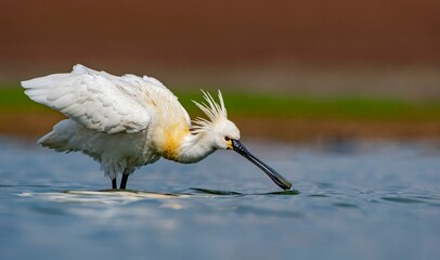 Eurasian Spoonbill (Platalea leucorodia) is a wetland bird that lives in suitable habitats in Asia, Europe and Africa. It is a rare species. I took this photo at Diyarbakır Kabakli Pond. - obrazy, fototapety, plakaty