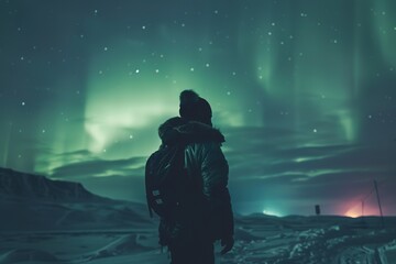 A lone explorer under a breathtaking northern lights display in a vast snowy landscape.