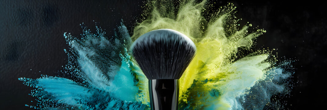 A makeup brush with a black handle is captured in motion, with a burst of colorful powder in shades of blue, green, and yellow against a black background