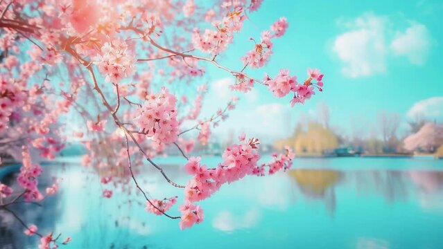 Anime spring landscape of cherry trees near the river blooming beautifully