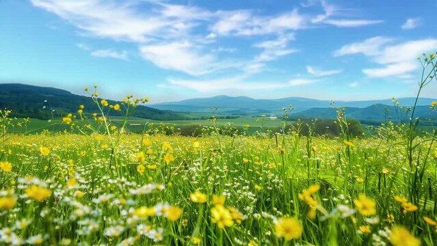 Natural landscape of spring flower fields on hills and clear skies, 4k video seamless