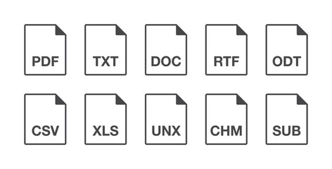 Black popular thin line text document file format icons set. Simple flat design vector infographic pictogram for app ads web website button ui ux interface elements isolated on white background