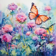 Dancing butterflies, watercolor garden, radiant colors, lively fluttering, cute
