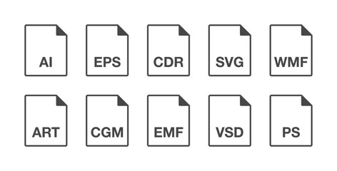 Black popular vector line document file format icons set. Multi types simple flat design vector infographic pictogram for app web website button ui ux interface elements isolated on white background