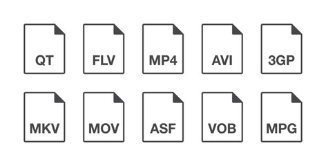 Black popular thin line video document file format icons set. Multi types simple flat design infographic vector pictogram for app ads web button ui ux interface elements isolated on white background