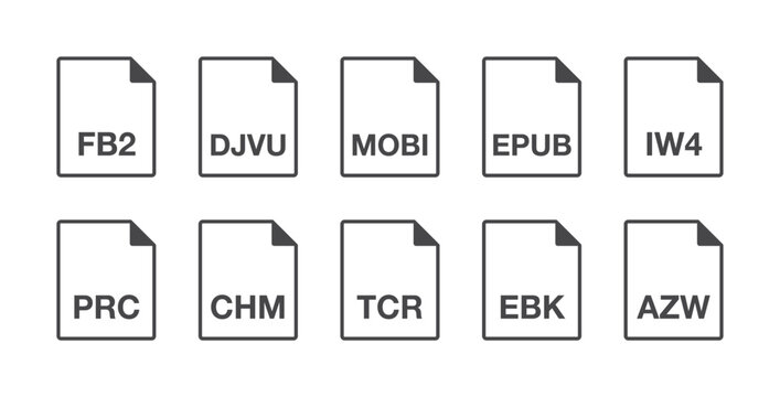 Black popular ebook document file format line icons set. Multi types simple flat design vector infographic pictogram for app web website button ui ux interface elements isolated on white background