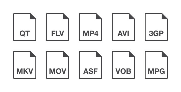 Black popular thin line video document file format icons set. Multi types simple flat design infographic vector pictogram for app ads web button ui ux interface elements isolated on white background