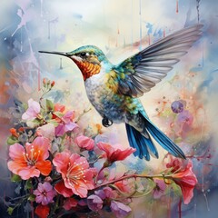 Hummingbird mid-flight, floral backdrop, watercolor pastels, lively dynamic shot, cute
