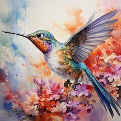 Hummingbird mid-flight, floral backdrop, watercolor pastels, lively dynamic shot, cute