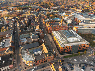 Aerial view of Wigan town centre with important buildings visible. Town hall, council, library,...