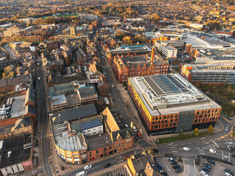 Aerial view of Wigan town centre with important buildings visible. Town hall, council, library, pubs, clubs and bars