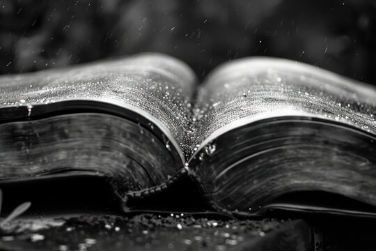 black and white photo of old book with water drops on the pages