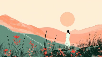 Kobieta stoi na wzgórzu w ilustracji minimalistycznej, wykonanej w stylu miniatury artystycznej.