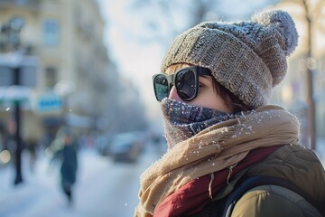 Bundled up for winter, a person enjoys a frosty day.