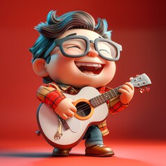 A joyful 3D cartoon character illustration playing a guitar against a cheerful, solid-colored background, its music filling the air with happiness